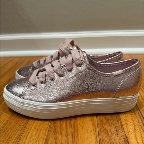 Keds Rose Gold Metallic Low-Top Sneakers with Blush Laces - Picture 3 of 5